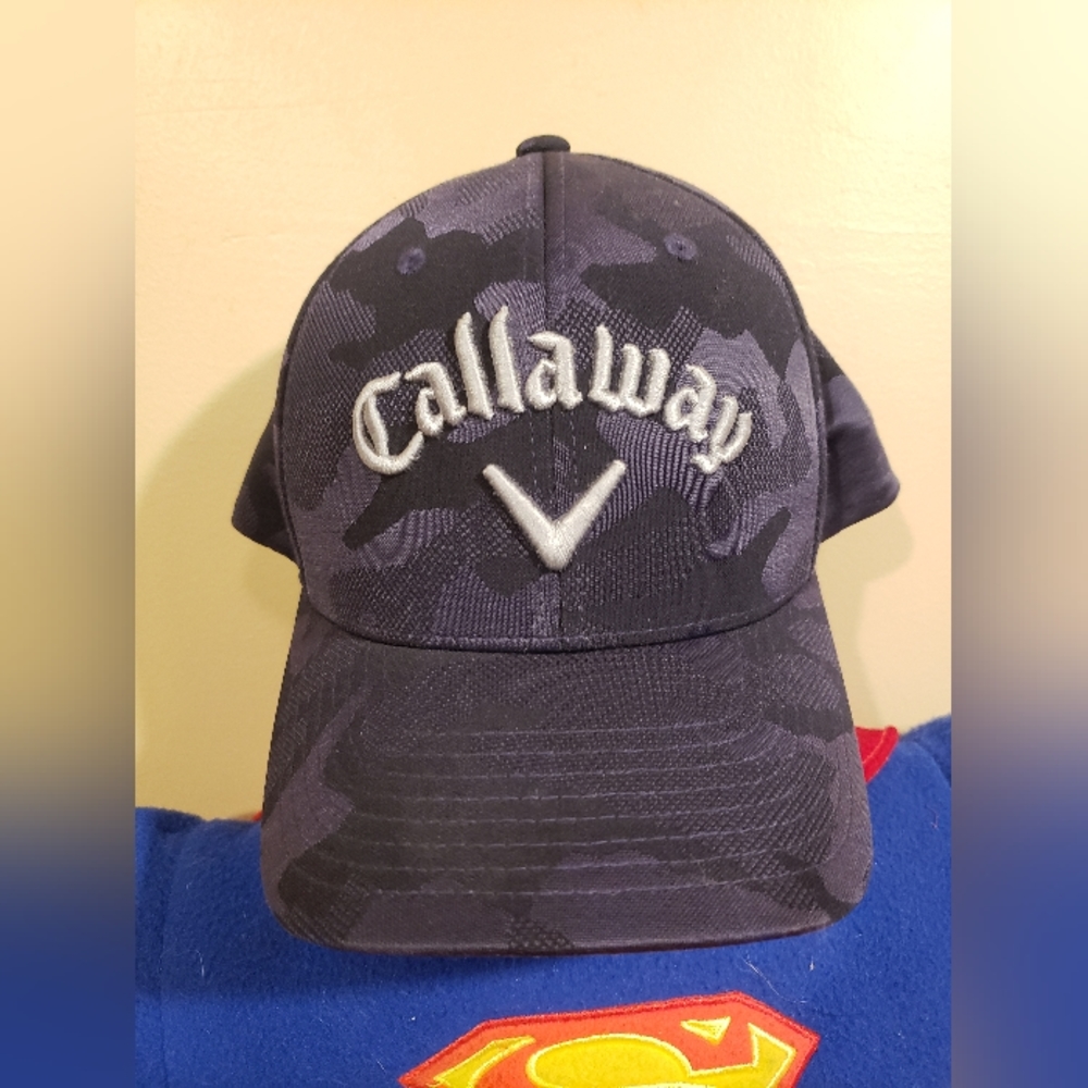 Callaway Mens 3D Embroidered Logo Black Blue Camo Golf Flexfit 110 Hat